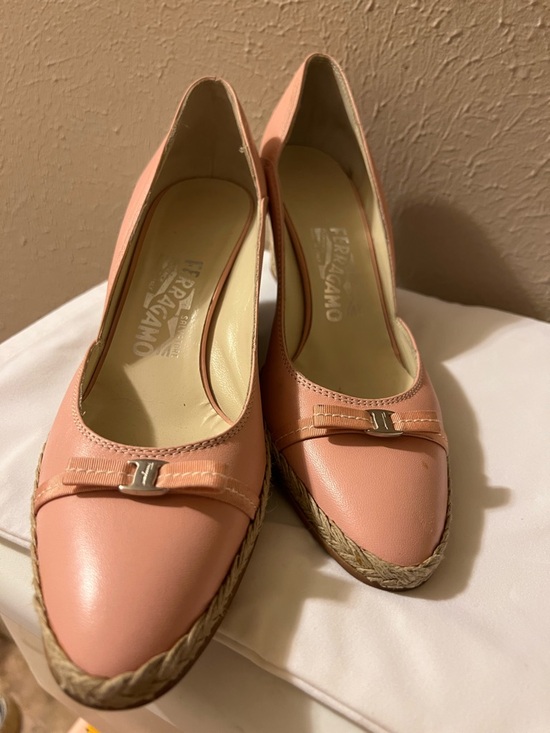Salvatore Ferragamo Shoes - Salvatore Ferragamo 7 1/2 C  Pink Leather Bow Espadrille Wedges Shoes Pumps